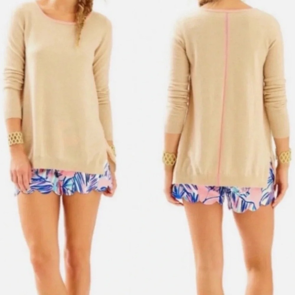 Lilly Pulitzer Collins Cashmere Sweater Camel Tan Pink Trim Womens Small Preppy